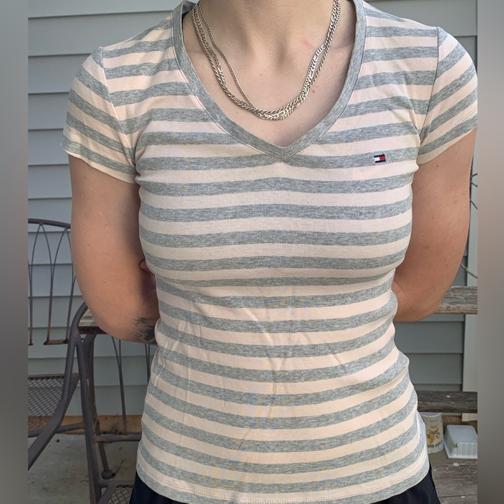 Tommy Hilfiger Grey Pink Fitted Striped T-shirt